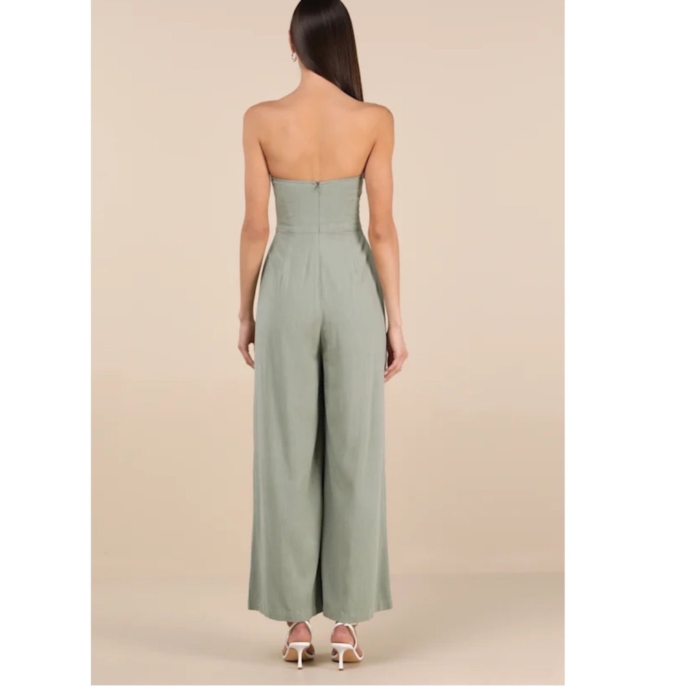 NWT Lulus Breezy Essential Sage Green Linen Wide-Leg Jumpsuit XL - Picture 5 of 6